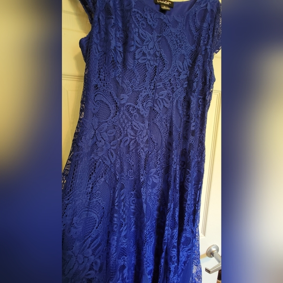 Blue formal lace overlay dress with sheer and lace skirt - Picture 6 of 7